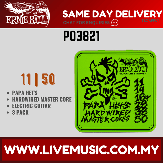 Ernie Ball 3821 Limited-edition Papa Het Signature Electric Guitar Strings, .011-.050 Gauge, 3-pack