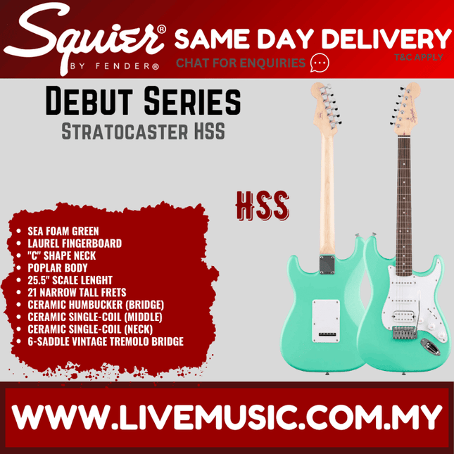Squier Debut Series Stratocaster HSS Electric Guitar, Laurel FB, Sea Foam Green