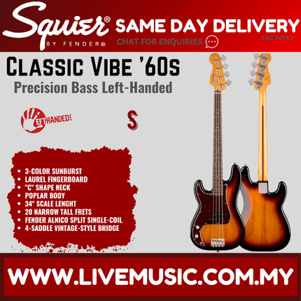 Squier Classic Vibe 60s Precision Bass Guitar Left-Handed, Laurel FB, 3-Tone Sunburst