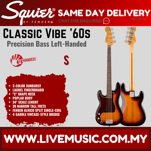 Squier Classic Vibe 60s Precision Bass Guitar Left-Handed, Laurel FB, 3-Tone Sunburst