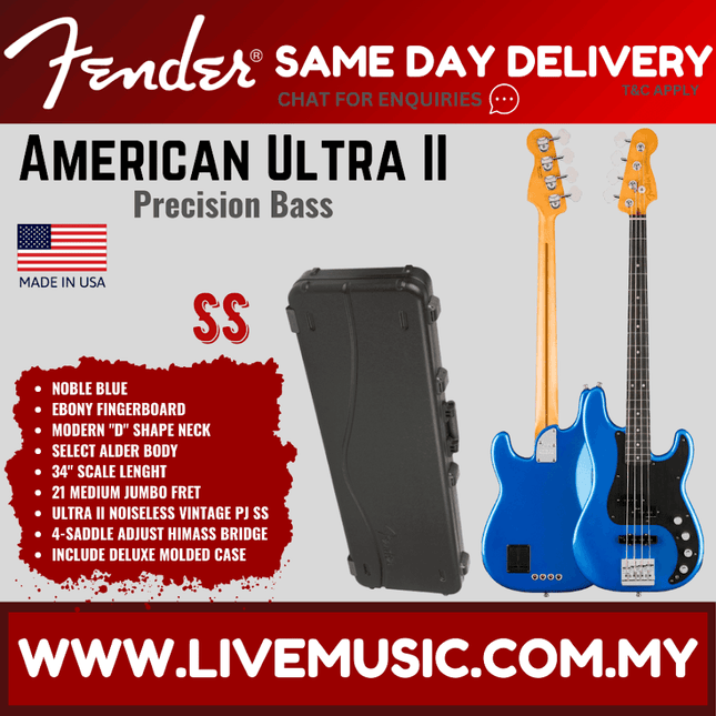Electric precision bass guitar, Noble Blue finish, ebony fretboard, modern hardware.