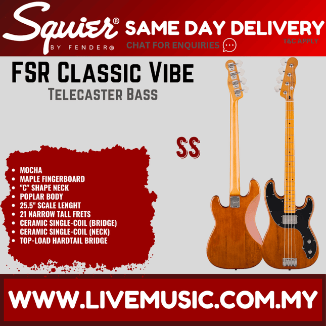 Squier FSR Classic Vibe Telecaster Bass Guitar, Maple FB, Mocha