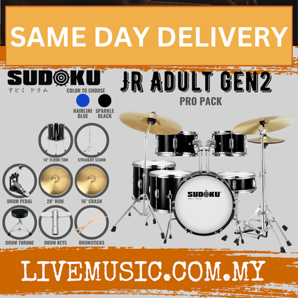 Sudoku Jr Adult Gen2 Junior Acoustic Drum Set Kit with Cymbals, Single Pedal & Accessories - Blue/Black (JRADULT)