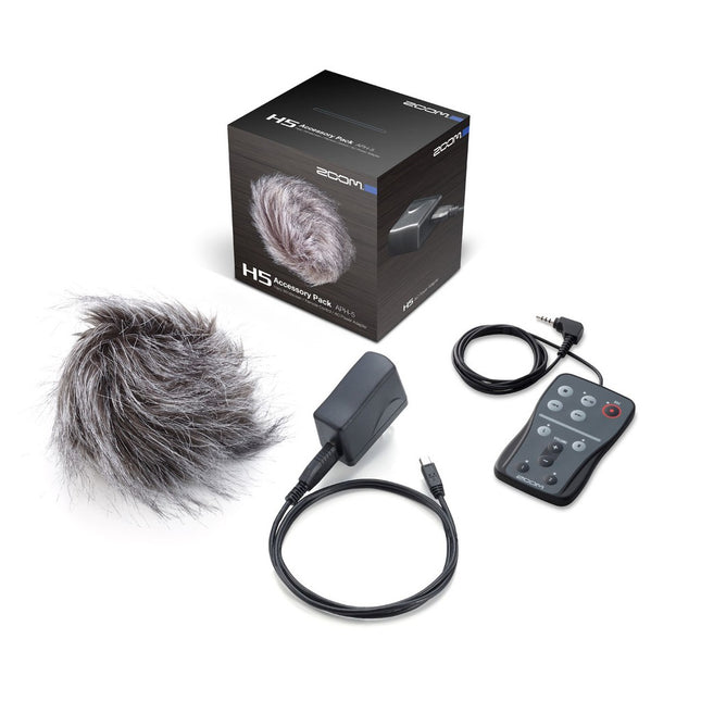 Zoom APH-5 accessory pack box with gray windscreen, cables, and control remote