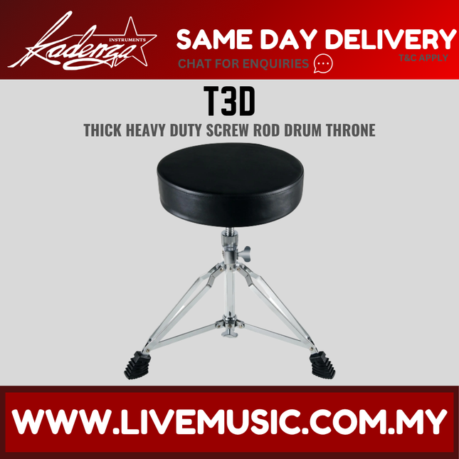 Round drum throne with black padded seat and tripod chrome legs