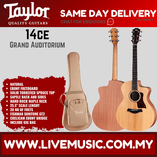 Natural acoustic-electric grand auditorium guitar with Taylor headstock and gig bag