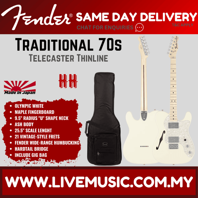 Fender Japan Traditional 70s Telecaster Thinline Electric Guitar, Maple FB, Olympic White