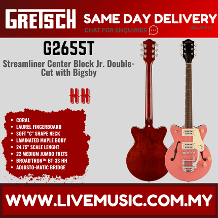 Gretsch G2655T Streamliner Center Block Jr. Electric Guitar, Coral