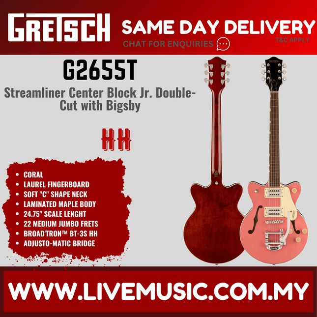 Gretsch G2655T Streamliner Center Block Jr. Electric Guitar, Coral