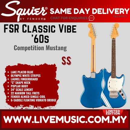 Squier FSR Classic Vibe 60s Competition Mustang Guitar w/ Olympic White Stripes, Lake Placid Blue