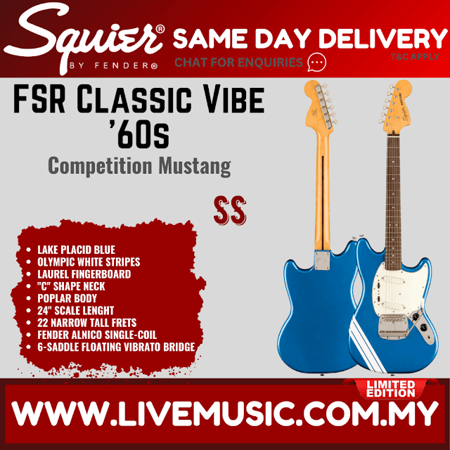 Squier FSR Classic Vibe 60s Competition Mustang Guitar w/ Olympic White Stripes, Lake Placid Blue