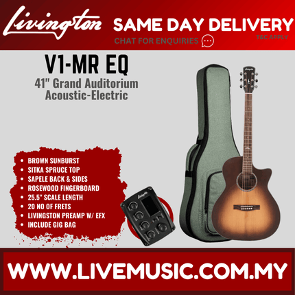 Livingston V1-M-EQ V1-MR-EQ GA Body 41" Solid Sitka Spruce Acoustic Guitar, Rosewood FB, Brown Sunburst / Natural ( V1MR V1M)