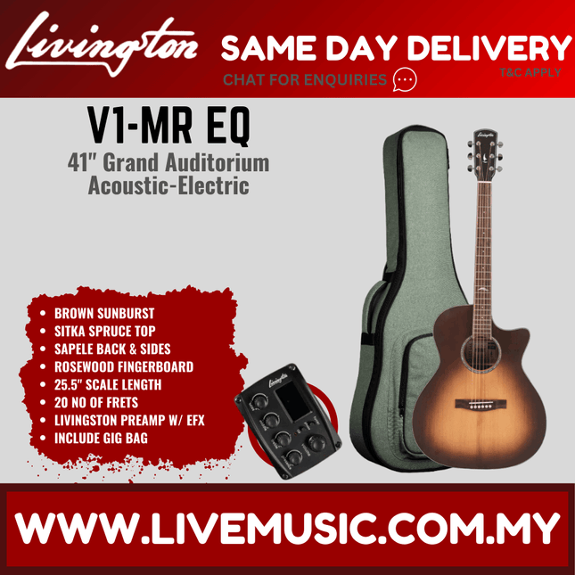 Livingston V1-M-EQ V1-MR-EQ GA Body 41" Solid Sitka Spruce Acoustic Guitar, Rosewood FB, Brown Sunburst / Natural ( V1MR V1M)