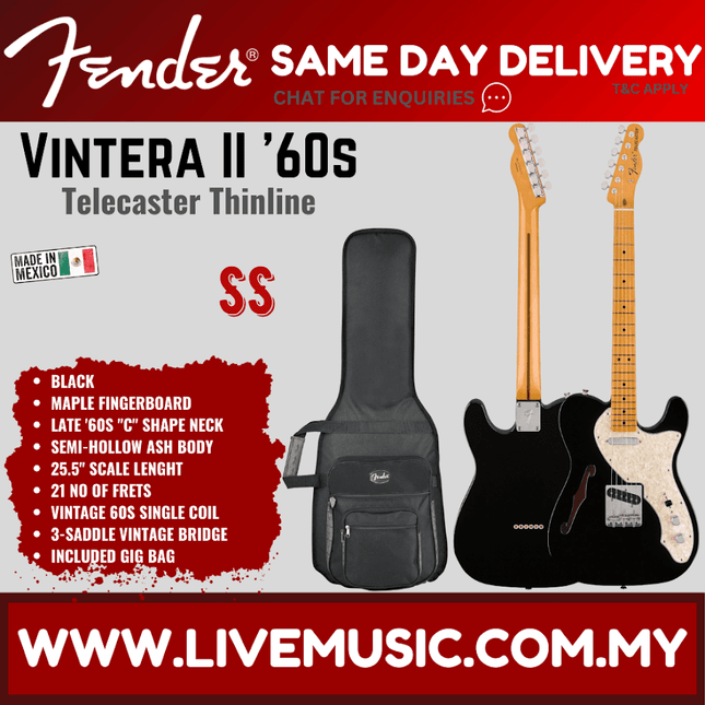 Fender Vintera II 60s Telecaster Thinline Electric Guitar, Maple FB, Black