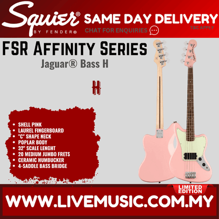 Squier FSR Affinity Series Jag Bass H Guitar, Laurel FB, Shell Pink