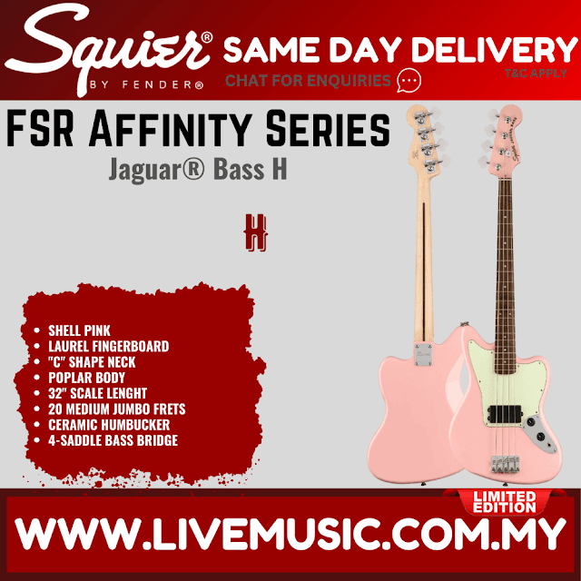 Squier FSR Affinity Series Jag Bass H Guitar, Laurel FB, Shell Pink