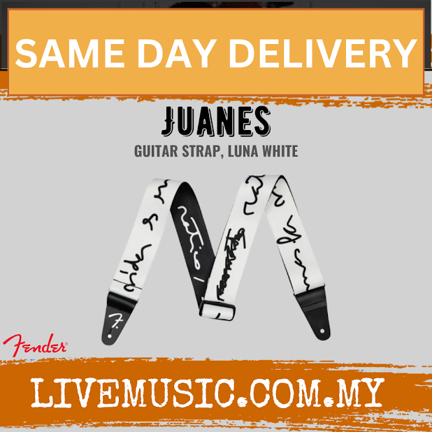 Luna White guitar strap with black ends, dark printed motifs, and adjustable buckle