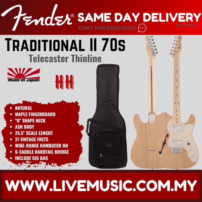 Fender Japan Traditional II 70s Telecaster Thinline Electric Guitar, Maple Fretboard with Gig Bag - Natural