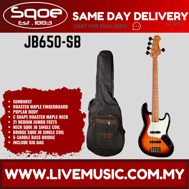 Sqoe JB650-SB 5-String Electric Bass Guitar With Gig Bag Roasted Maple FB, Sunburst ( JB650SB / JB650 SB )