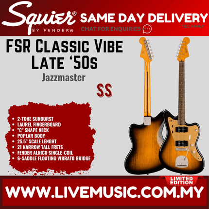 Squier FSR Classic Vibe Late 50s Jazzmaster Electric Guitar, Laurel FB, 2 Tone Sunburst