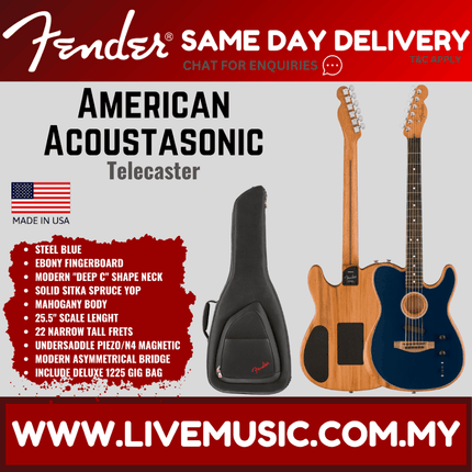 Fender American Acoustasonic Telecaster Acoustic Electric Guitar w/Bag, Ebony FB, Steel Blue