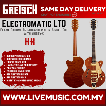 Gretsch Electromatic LTD Flame Okoume Broadkaster Jr Single-Cut Guitar w/Bigsby, Roundup Orange