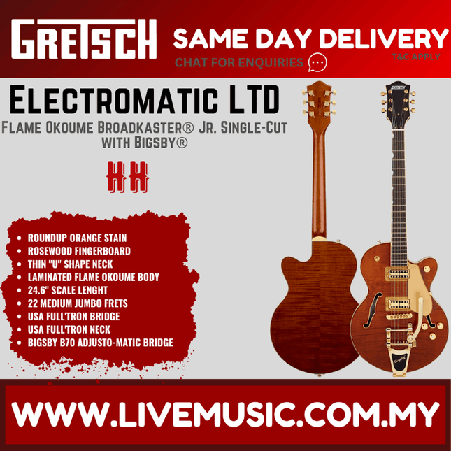 Gretsch Electromatic LTD Flame Okoume Broadkaster Jr Single-Cut Guitar w/Bigsby, Roundup Orange