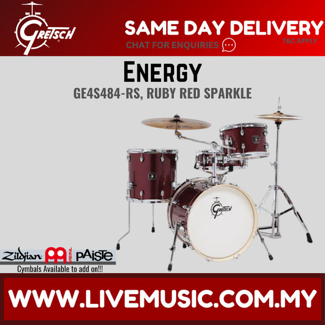 Gretsch GE4S484RS - Energy 4-Piece Drum Set - Ruby Red Sparkle (GE-4S484-RS)