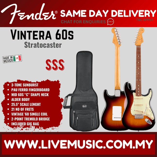 Fender Vintera 60s Stratocaster Electric Guitar, Pau Ferro Fretboard with Bag - 3 Tone Sunburst