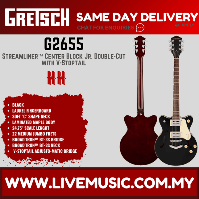 Gretsch G2655 Streamliner Center Block Jr. Double-Cut Electric Guitar, Black