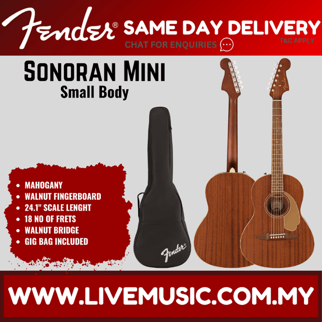 Mahogany Fender mini acoustic guitar with gig bag, small body