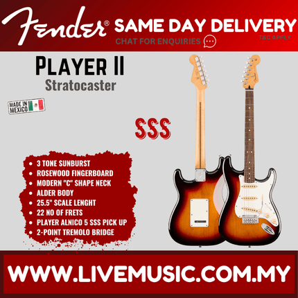 Fender Player II Stratocaster Electric Guitar, RW FB, 3 Tone Sunburst / Birch Green / Coral Red / Polar White