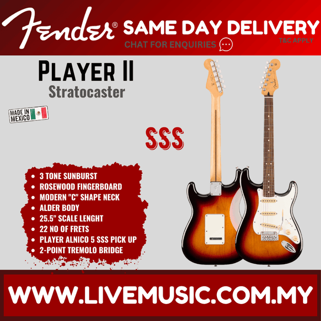 Fender Player II Stratocaster Electric Guitar, RW FB, 3 Tone Sunburst / Birch Green / Coral Red / Polar White
