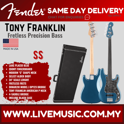 Fender Tony Franklin Fretless Precision Bass Guitar, Ebony Fretboard with Deluxe Hardshell Case - Lake Placid Blue