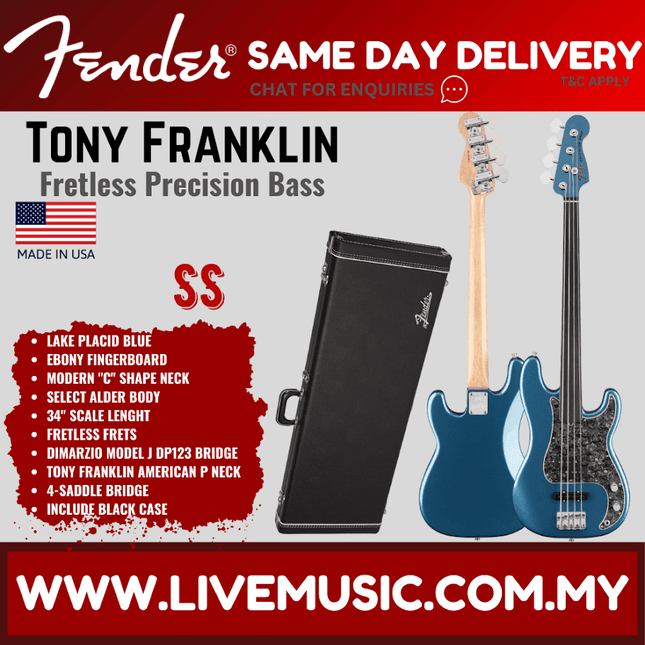 Fender Tony Franklin Fretless Precision Bass Guitar, Ebony Fretboard with Deluxe Hardshell Case - Lake Placid Blue