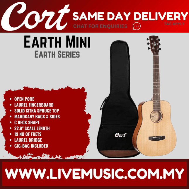 Cort Earth Mini - 3/4 Size Acoustic Guitar With Gig Bag, Open Pore (Earth-Mini)