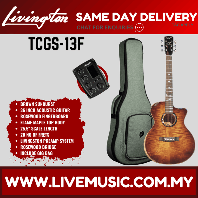 Livingston TCGS-13F-EQ Solid Top Grand Symphony Acoustic-Electric Guitar,RW FB - Vintage Sunburst ( TCGS13F TCGS 13F )