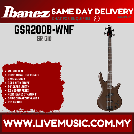 Ibanez GSR200B GIO Series 4-Strings Electric Bass - Walnut Flat (GSR200B-WNF GSR200B-WK)
