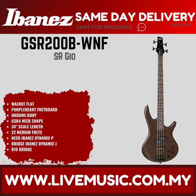 Ibanez GSR200B GIO Series 4-Strings Electric Bass - Walnut Flat / Weathered Black (GSR200B-WNF GSR200B-WK)