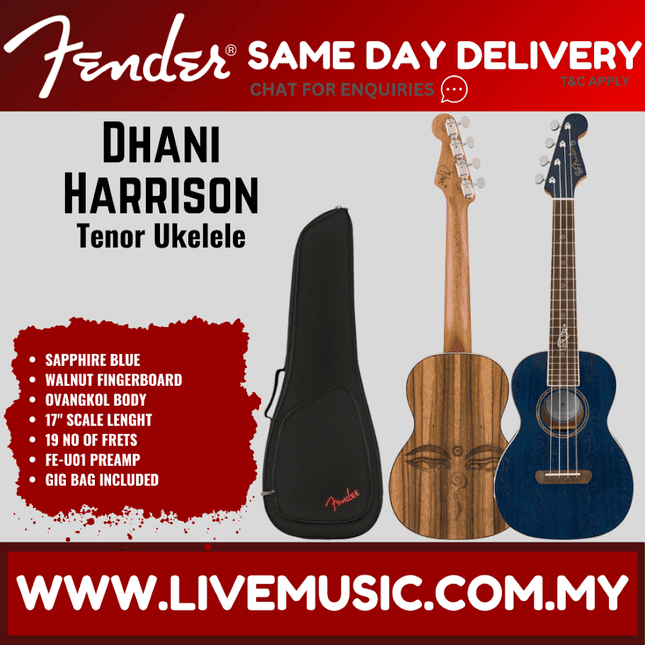 Fender Dhani Harrison Ukulele, Walnut FB, Sapphire Blue