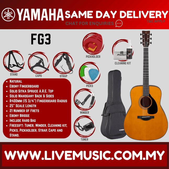 Yamaha Red Label FG3 Acoustic Guitar with Hard Bag - Natural ( FG-3 )