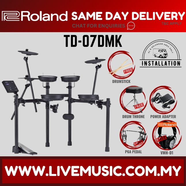 Roland TD-07DMK Electronic Digital Drum Set with RH-5 Headphones, T1D Drum Throne, Double Kick Pedal, Drumstick ( TD07DMK / RH5 )