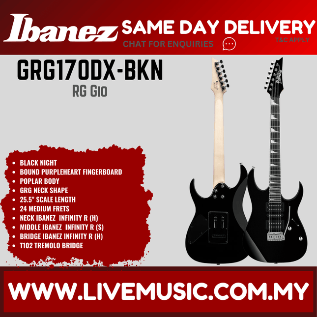 Ibanez GRG170DX Rg Gio Series Electric Guitar, Silver / Black Night (GRG170DX-BKN GRG170DX-SV)