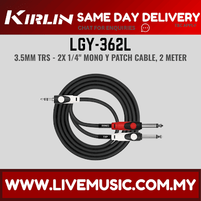 Kirlin LGY-362L 3.5mm TRS to Dual 1/4 Inch Mono 6.35mm Tip Ring LightGear Y Audio Cable Jack Adapter - 2 Meter Black(LGY 362L/LGY362L)