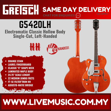 Gretsch G5420LH Electromatic Classic Hollow Body Single-Cut Left-Handed Guitar, Orange Stain