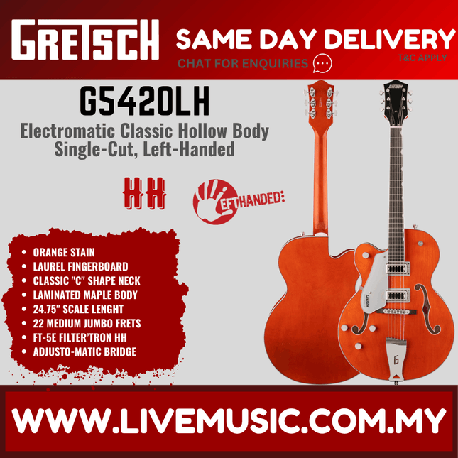 Gretsch G5420LH Electromatic Classic Hollow Body Single-Cut Left-Handed Guitar, Orange Stain