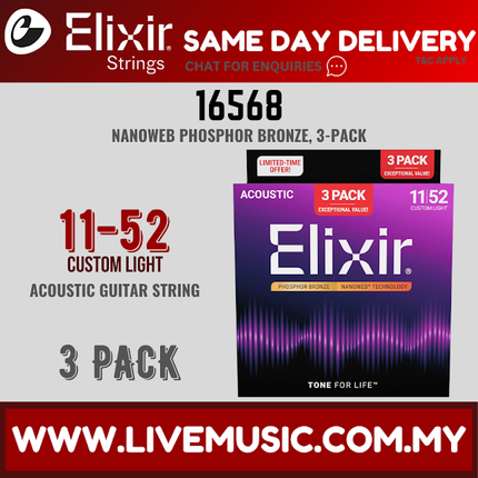 Elixir 16568 Nanoweb Phosphor Bronze Acoustic Guitar Strings, Custom Light, 11-52, 3-Pack (11-52)