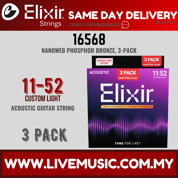 Elixir 16568 Nanoweb Phosphor Bronze Acoustic Guitar Strings, Custom Light, 11-52, 3-Pack (11-52)
