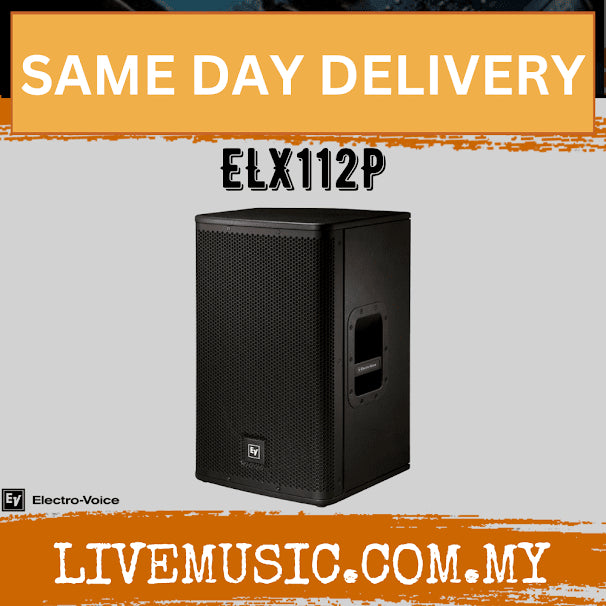 Black 12-inch powered speaker with rear panel and EV logo, single cabinet.