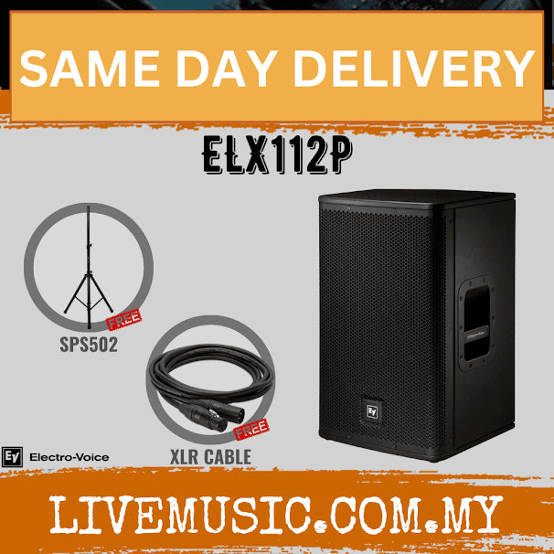 Black 12-inch powered speaker with XLR cable and SPS502 stand.